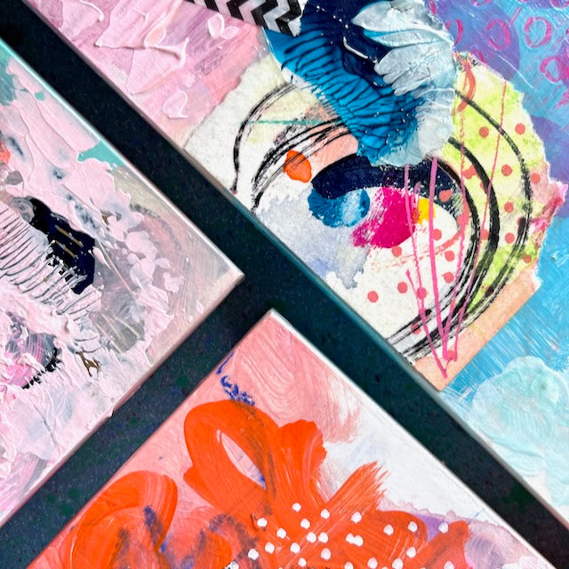 flat view of close up of three brightly painted panels