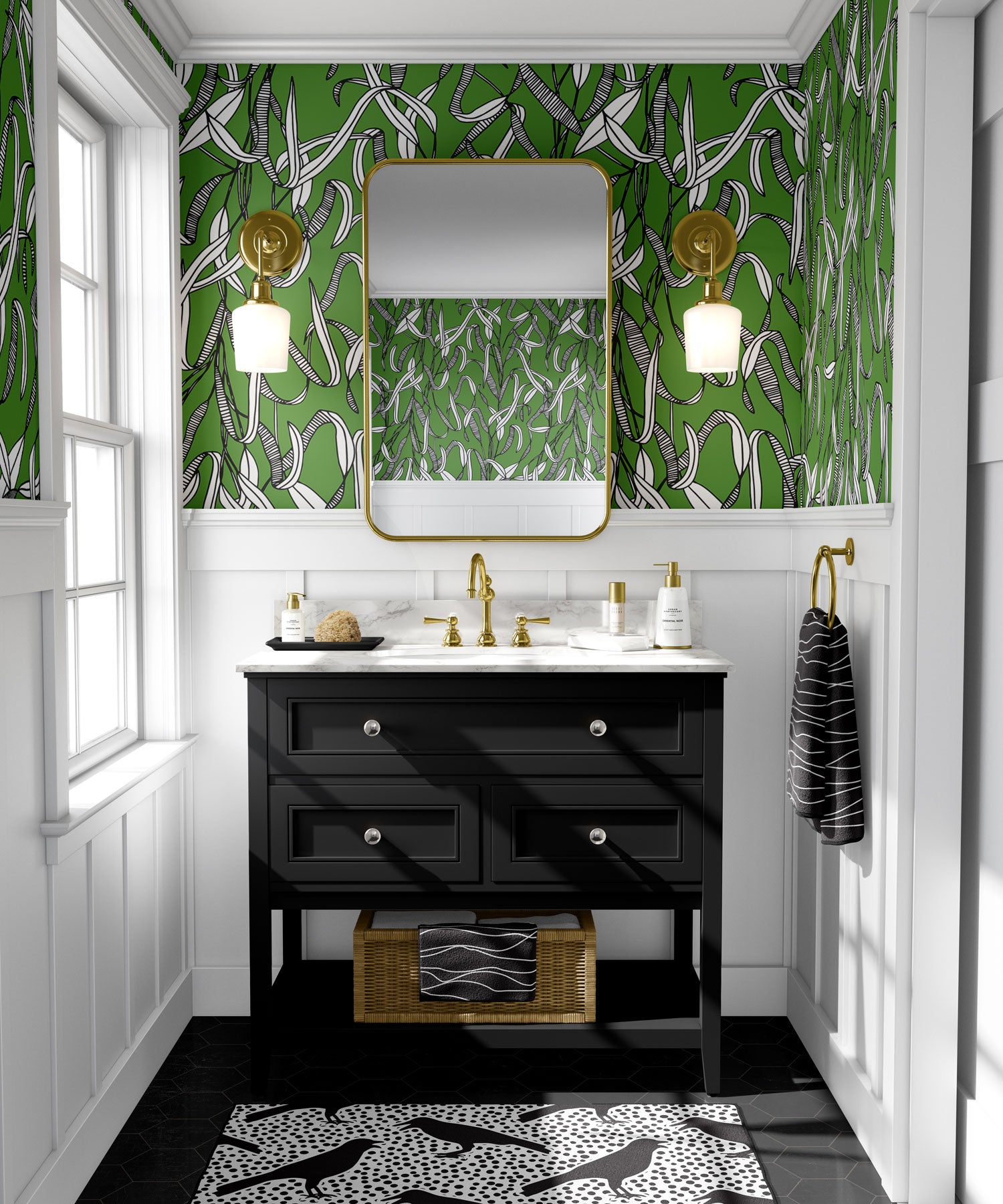 Photo of a black bathroom vanity with green leafy wall paper on the walls