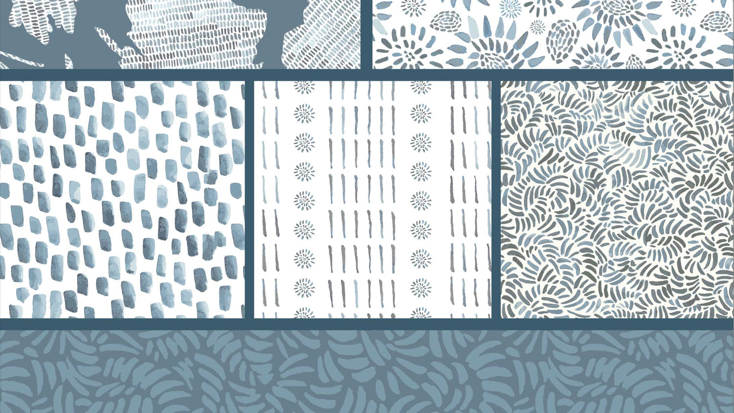 Meditative marks collection of 6 different patterns in shades of blue teal and white