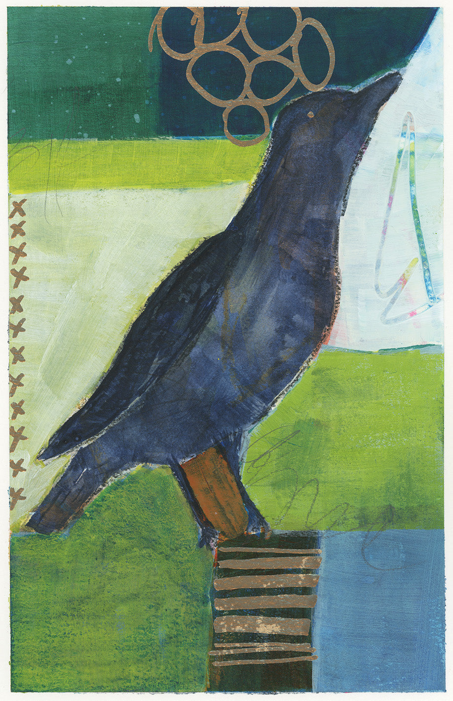 Patchwork crow painting with crow looking to the right standing on a post, green and blue color scheme