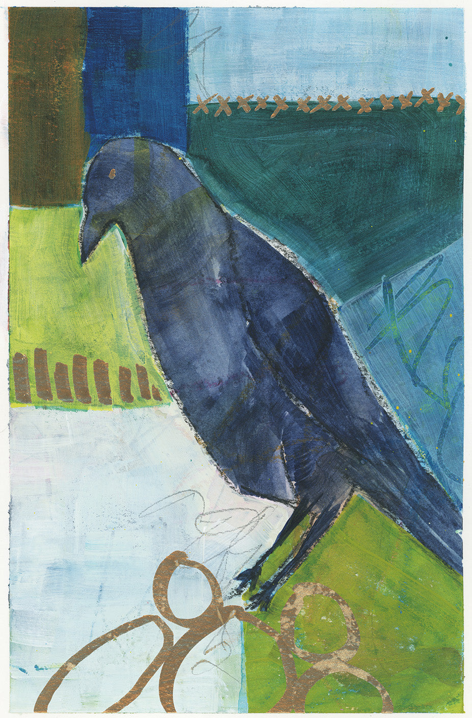 Acrylic and watercolor patchwork painting in blues and greens featuring a crow facing left standing on a pile of gold rocks