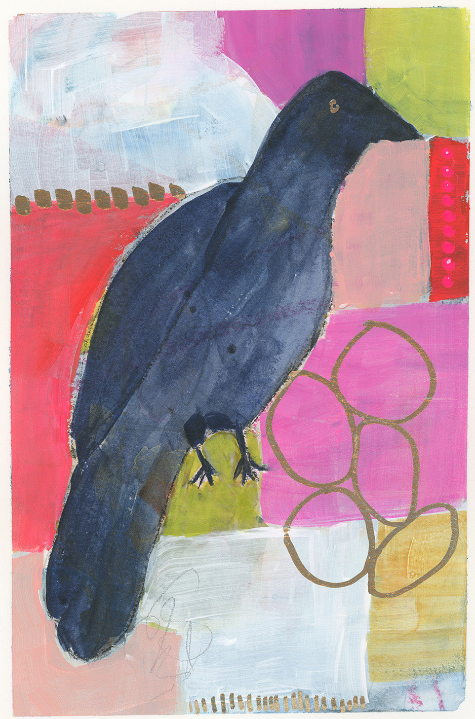 Pink and Orange patchwork painting featuring a crow facing right beside a small pile of gold coins