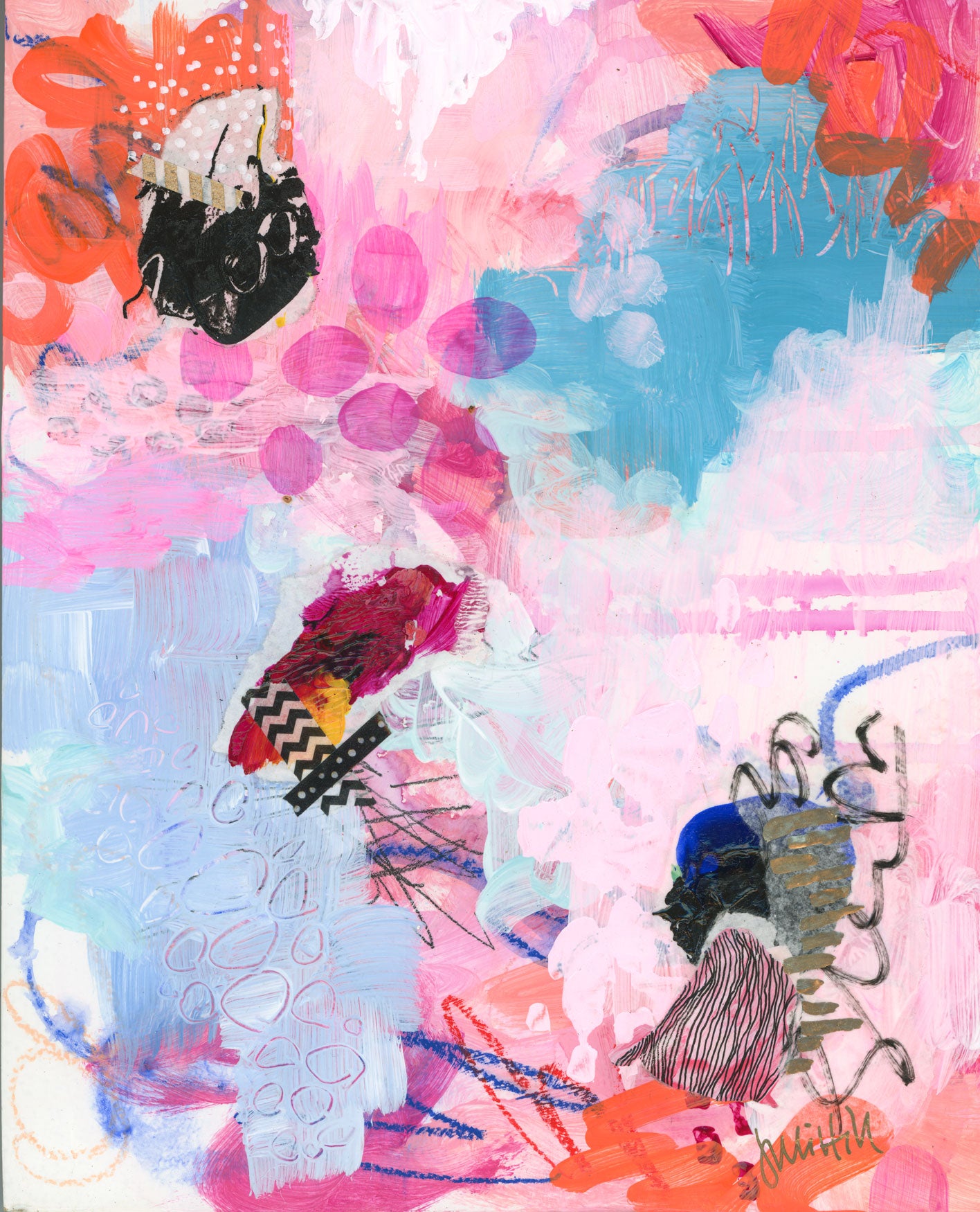 front view of abstract mixed media art panel in pink and white with bright pops of orange and pink