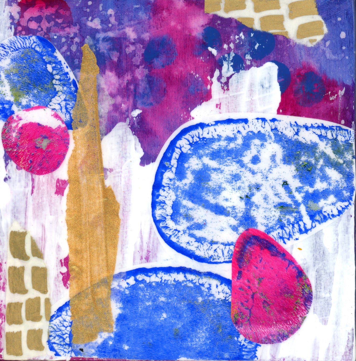 front view of mini abstract collage art panel in blue, white and magenta with gold accents