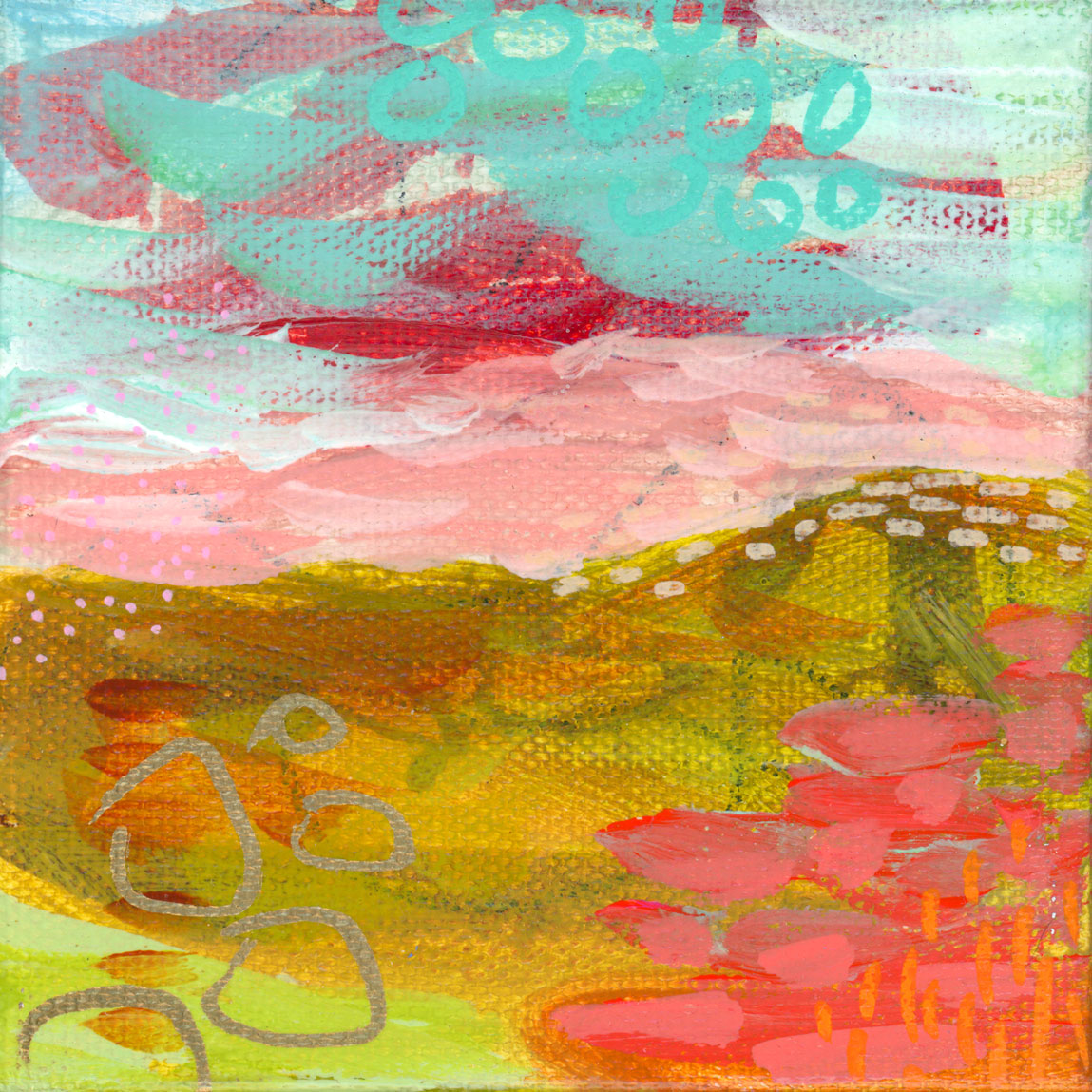 front view of mini abstract landscape painting with metallic accents