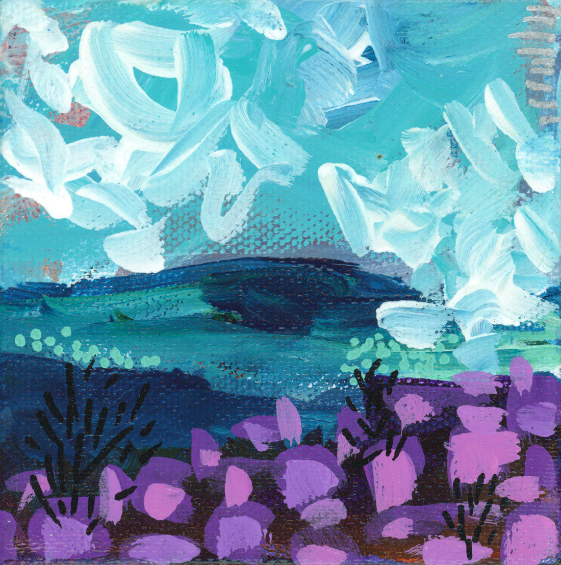 front view of mini abstract landscape painting in purple and teal with white clouds