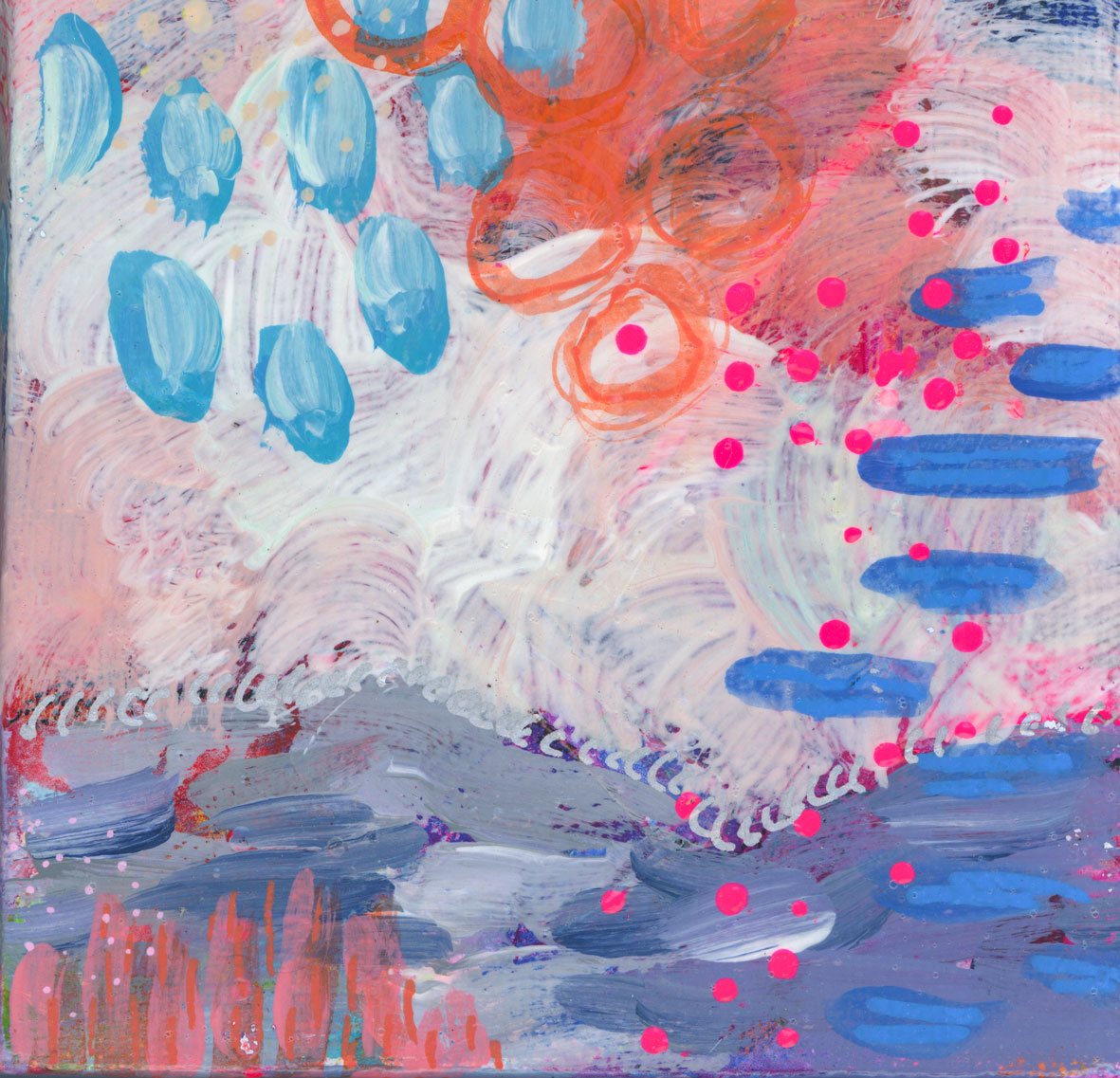 front view of mini abstract landscape painting in pink white and blue