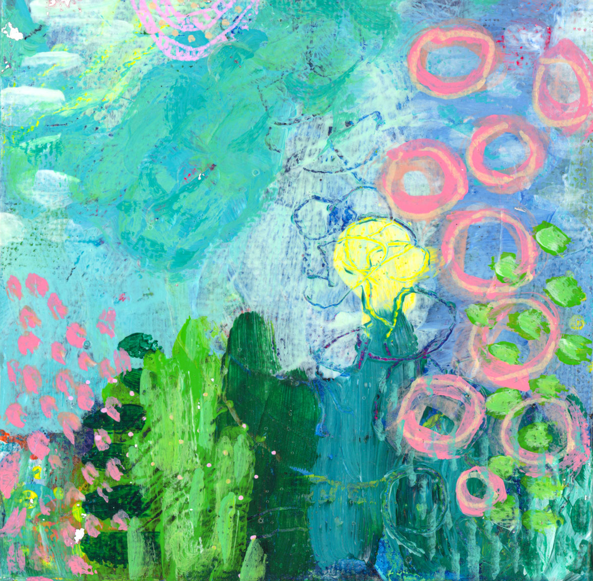 front view of mini abstract landscape painting in blue and green with pink accents