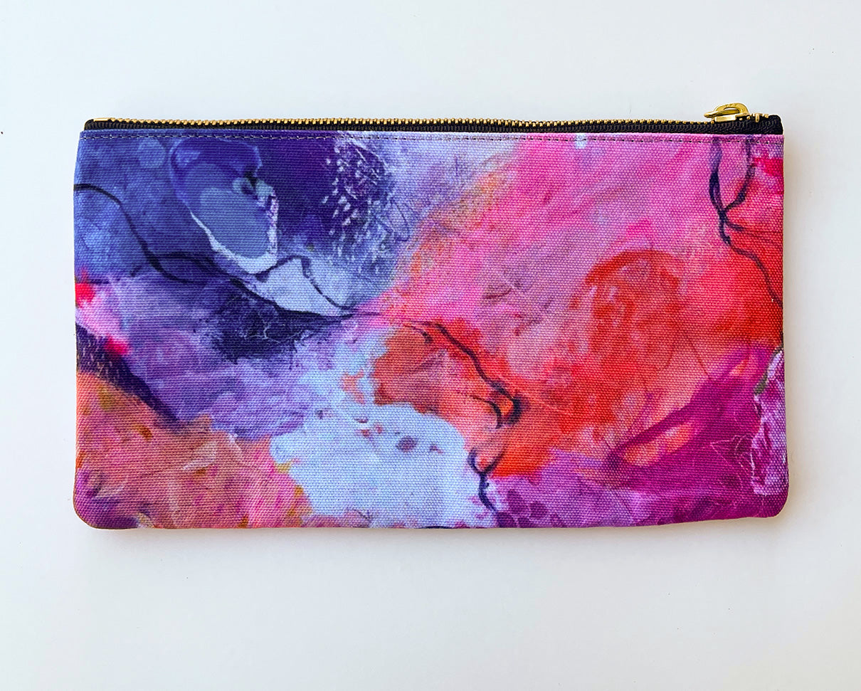 Flat view of a brightly colored zipper pouch